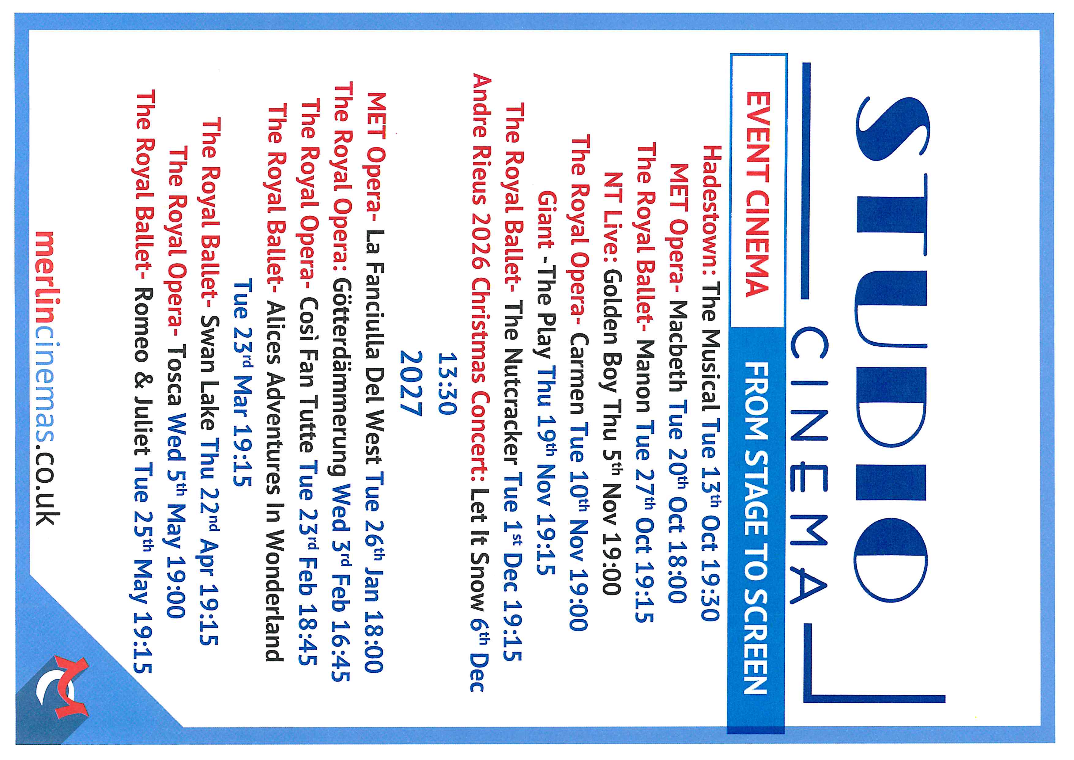 Studio Cinema Stage to Screen Listings Oct 26 - May 27 